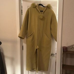 Full length Laparka wool coat with removable fur hood and shoulder pads